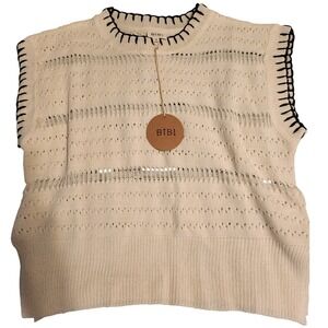 BiBi! Cream Sleeveless‎ Knit Sweater Top with Black Stitching - Medium